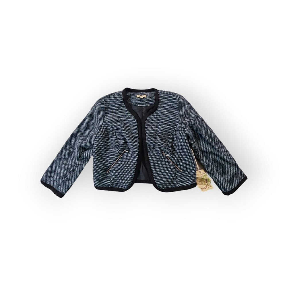 One World Teal Black Tweed Blazer S Poly Embordered Trim Zip Pockets Open Front